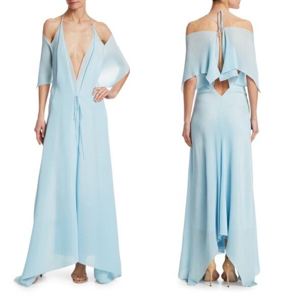 Roland Mouret Ballard Plisse Draped Gown Plunge Neckline Blue Dress Size 6 - Picture 2 of 14